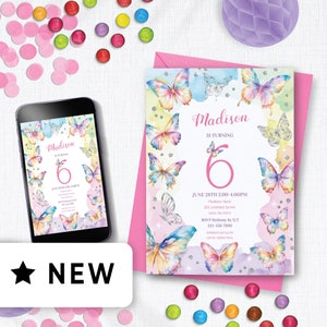 May include: A pink and white birthday invitation featuring a watercolour design of butterflies. The invitation reads "Madison is turning 6" and includes the date, time, and location of the party. RSVP details are also provided.