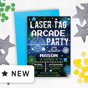 Editable Laser Tag Arcade Birthday Party Invitation Download, Neon Glow Gaming, Pizza & Indoor Laser Tag Invite for Boys, Girls, Kids 133HL