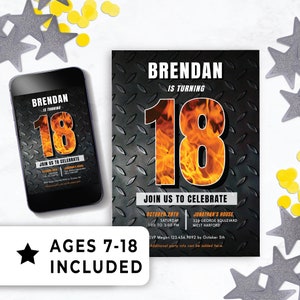 Editable 18th Birthday Invitation for Boy Digital Download, Party Idea for 18 Year Old Boy, Fire Theme for Him, Instant Template 138HL
