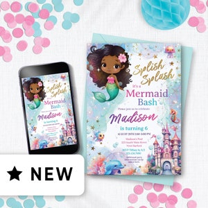 Editable Mermaid Birthday Invitation Phone Download or Print, Electronic Black Mermaid Birthday Invitation, Fun Pool Party Invite 141HL