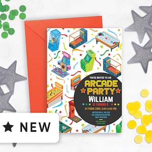 Editable Arcade Birthday Invitation Download,  Boys Arcade Birthday invite, Retro Arcade Birthday Party, Video Game Level up, White, 133HL