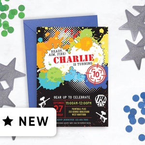 Editable Paintball Party Invitation, Paintball Birthday Invitations, Paint Balling Paint Ball Splatter Digital Print Colorful Boy Teen 132HL