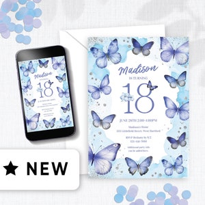 Bearbeitbare blaue Schmetterlings-Einladungen, Pastel Monarch 18. Geburtstagseinladung Schmetterlings-Mädchen elektronische laden, Teenager-Party-Thema 142HL ein