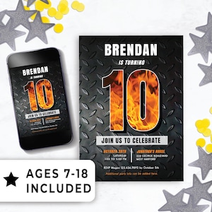 Editable 10 Year Old Birthday Party Invitation Boy,  10th Birthday Party Ideas, Double Digits, Fire Theme for Him, Instant Template 138HL