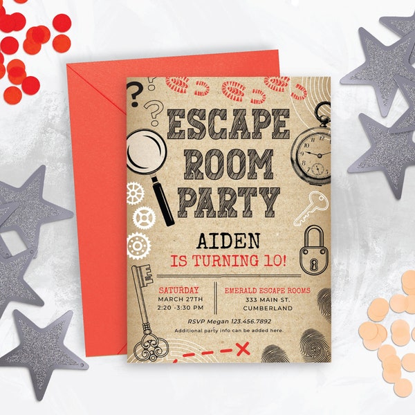 Invitation d'anniversaire modifiable Escape Game numérique pour enfants, évasion mystère, détective, fête sur le thème de l'enfant ou de l'adolescent à découvrir 122HL