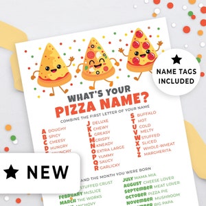 What&#39;s Your Pizza Name Party Game with Nametags, Pizza Making Night, Pi Day Office Icebreaker, School Pizza Party Idea, Name Generator 143HL