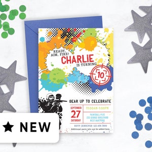 Editable Paintball Party Invitation, Paintball Birthday Invitations, Paint Balling, Paint Ball Splatter  Printable Boy or Teen, White 132HL