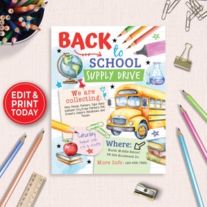 Editable School Supply Drive Flyer, Back To School Drive Flyer, School Supplies Donation, Supply Fundraiser Template Poster 152HL