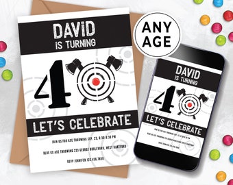 Editable Axe Throwing Birthday Party Invitation Digital Download for Him, Male 40th Birthday, 30th, 50th, 60th, 70th 80th Party idea  140HL