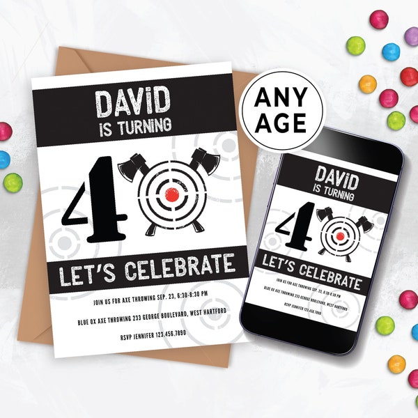 Editable Axe Throwing Birthday Party Invitation Digital Download for Him, Male 40th Birthday, 30th, 50th, 60th, 70th 80th Party idea  140HL