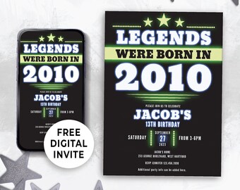 May include: A digital invitation for a 13th birthday party. The invitation is black with green and white accents. The text reads "Legends were born in 2010" and "Jacob's 13th Birthday". The invitation also includes the date and time of the party.