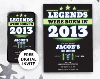 Editable Digital Birthday Invitation for teens or preteens boy birthday party, 10th 11th 12th 13th birthday boy, 2013 Legend Glow Neon 128HL