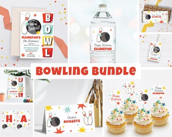 Editable Bundle Bowling Birthday Party, Party Decor Supply Kit Strike Up Some Fun Boy Bowling, Retro Bowling Download Template Package 103BL