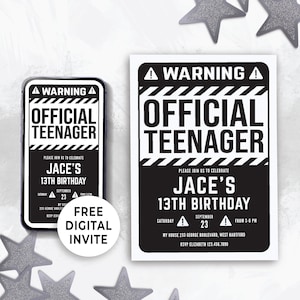 Bearbeitbare digitale Geburtstagseinladung für 13. Geburtstag Junge, Party Idee für 13 Jahre alt, Warnung offizielle Teenager Evite Vorlage B & W 130HL