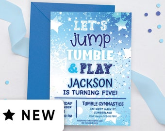 May include: Blue and white invitation with a blue star design. The text reads "Let's Jump Tumble & Play Jackson is turning five!"  Tumble Gymnastics 333 West Main St. Cumberland RSVP Megan 123.456.7890 Additional information can be included here.