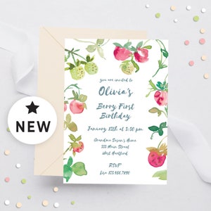 Editable Berry First Birthday Invitation Digital, Berry 1st Birthday Invite, Sweet One Birthday Watercolor Digital Strawberry Birthday 110HL