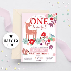 Editable Fawn First Birthday Party Invitations, One-deer-ful Birthday Invitation, Boho Woodland Animals 1st Party, Forest Animals Pink 112HL