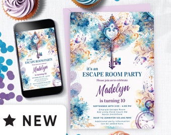 Editable Escape Room Birthday Invitation Girl Digital, Kid or Tween Mystery Break Out, Detective, Uncover the Mystery Party Watercolor 122HL