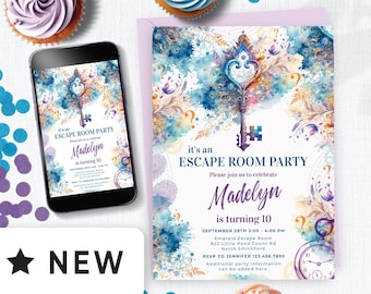 Editable Escape Room Birthday Invitation Girl Digital, Kid or Tween Mystery Break Out, Detective, Uncover the Mystery Party Watercolor 122HL