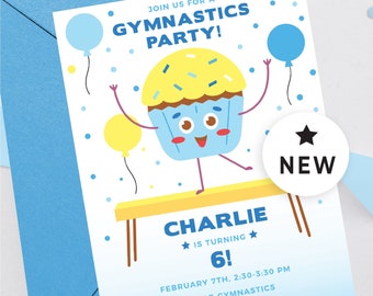 Invitación editable fiesta de gimnasia descarga digital, invitación de cumpleaños de gimnasia niño descarga instantánea, fiesta de gimnasta imprimible 107HL