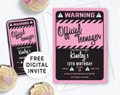 Editable Digital Birthday Invitation for 13th Birthday Girl, Party Idea for 13 Year Old, Warning Official Teenager Evite Template Pink 130HL
