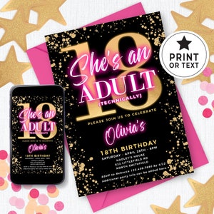 Editable 18th Birthday Party Invitation Template Girl, Glow Hot Pink & Gold Electronic Invitation 18th Birthday Digital, 18 Party Idea 145HL