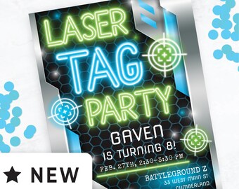 May include: A neon green and blue laser tag party invitation with a black and silver background. The invitation says "Laser Tag Party" with a target symbol and "Gaven is turning 8!" with the date and time of the party. The invitation also includes the location of the party, "Battleground Z, 33 West Main St, Cumberland", and the RSVP information.