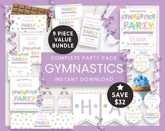 Editable Bundle Gymnastics Party Digital Download, Gymnastics Birthday Invitation Girl Instant, Girl Gymnast Instand Printable, 113HL