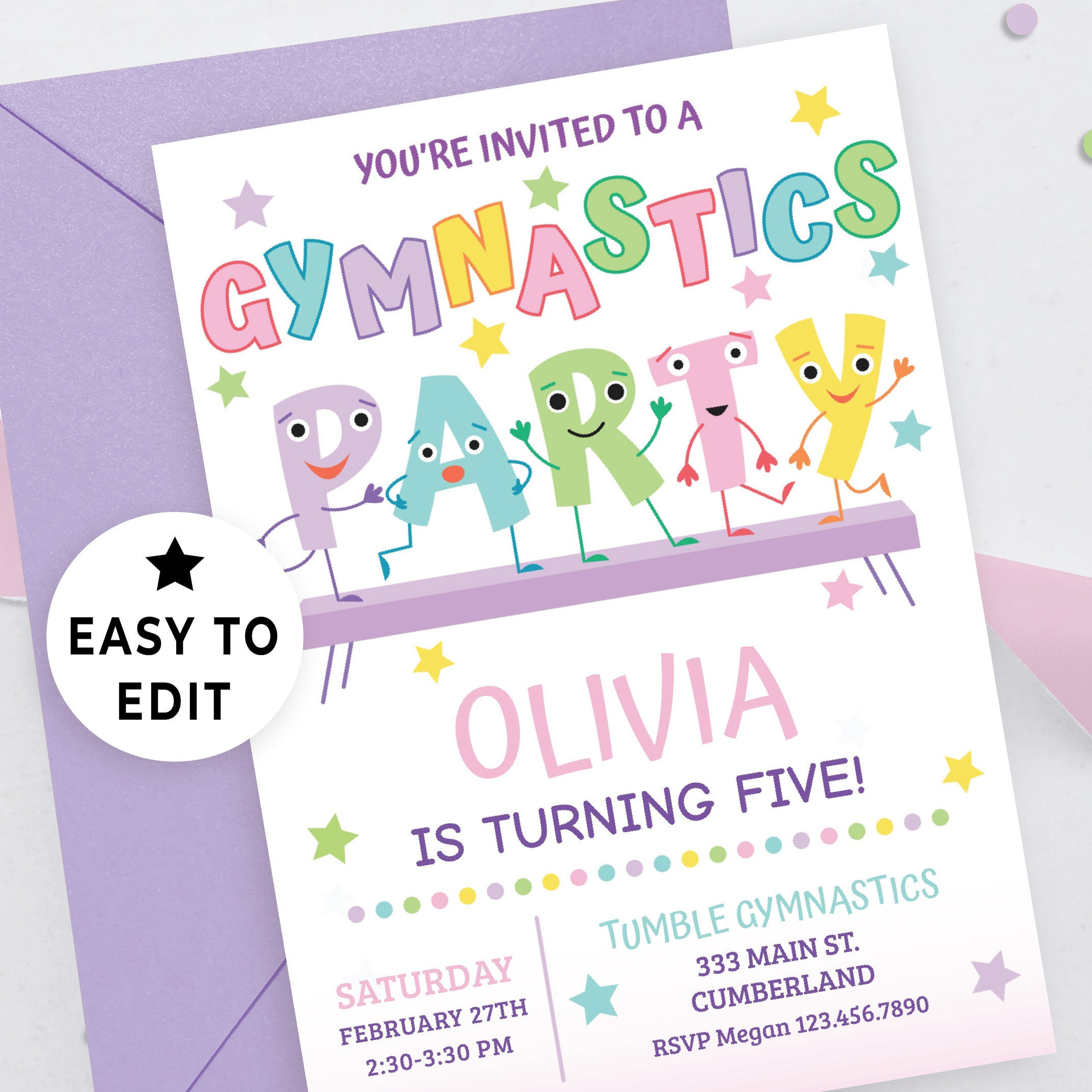 Editable Invitation Gymnastics Party Digital Download, Gymnastics Birthday Invitation Girl Instant, Girl Gymnast Party Printable, 113HL