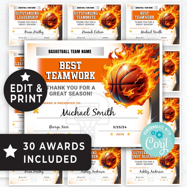 Prix de basket-ball imprimable, modèle modifiable de certificats de récompense d'équipe de basket-ball de fin de saison/année, modèle de récompense de basket-ball sportif 169HL