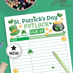 Może przedstawiać: Drukowana lista zapisów na potlucka z okazji Dnia Świętego Patryka z ilustracją zielonej koniczyny, złotych monet i garnka złota. Lista zawiera kolumnę na nazwiska i kolumnę na potrawy do przyniesienia.