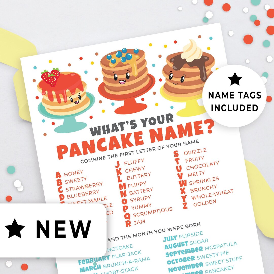 What's Your Pancake Name Party Game & Nametags, Pancake Breakfast