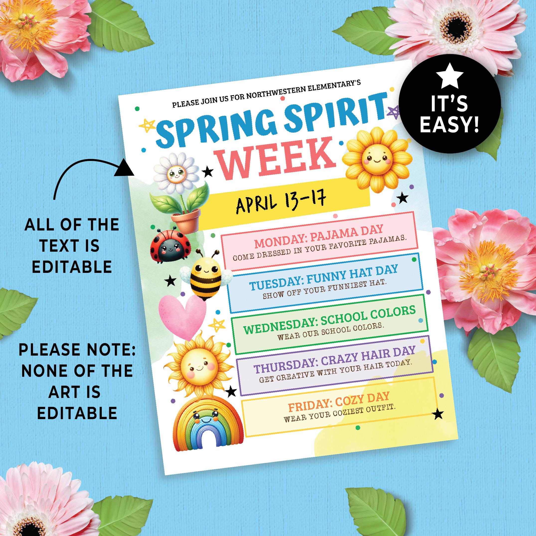 Editable Spring Spirit Week Flyer, Spring Spirit Week Template, March ...