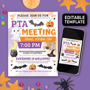 May include: A Halloween-themed PTA meeting invitation with a purple background. The invitation includes a ghost, bats, a jack-o'-lantern, and the text "PTA Meeting" and "Everyone is Welcome!" A smartphone displays the same invitation.