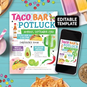 Peut inclure: Modèle de carte d'invitation éditable pour un potluck de bar à tacos. L'invitation présente une illustration aquarelle d'un taco, d'un cactus et de limes. Le texte indique "Taco Bar Potluck" et comprend des détails sur l'événement, tels que la date, l'heure et le lieu. Les informations de RSVP sont également incluses.