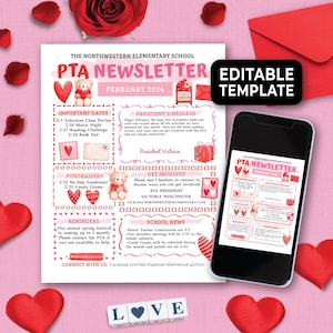 Editable PTO PTA February Newsletter Template, December, Valentine&#39;s Day themed Volunteer Events Monthly/Weekly Newsletter Flyer 228HL