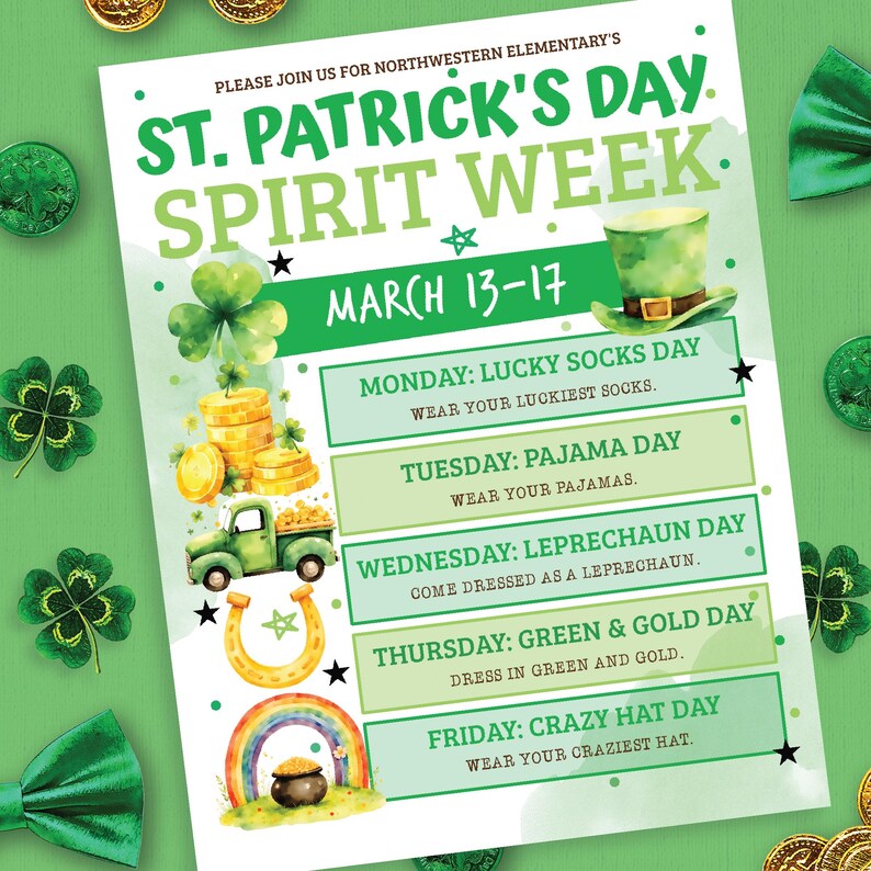 Editable St Patrick's Day Spirit Week Flyer, March Spirit Week Template ...