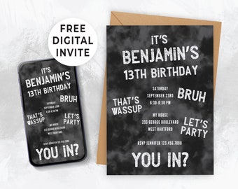 Bearbeitbare Geburtstagseinladung für Geburtstagsfeier für Teenager, 10., 11., 12., 13., 14. Geburtstagsfeier, Bruh You're Invited Tie Dye 124HL