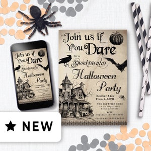 Editable Halloween Party Invitation Template, Retro Vintage Haunted House and Skull Halloween Party Invite Adult, Spooky Gothic Style 154HL