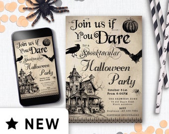 Puede incluir: Una invitación a una fiesta de Halloween con una ilustración de una casa encantada y el texto "Join us if you dare for a Spooktacular Halloween Party". La invitación incluye la fecha, la hora, la ubicación y la información de RSVP.