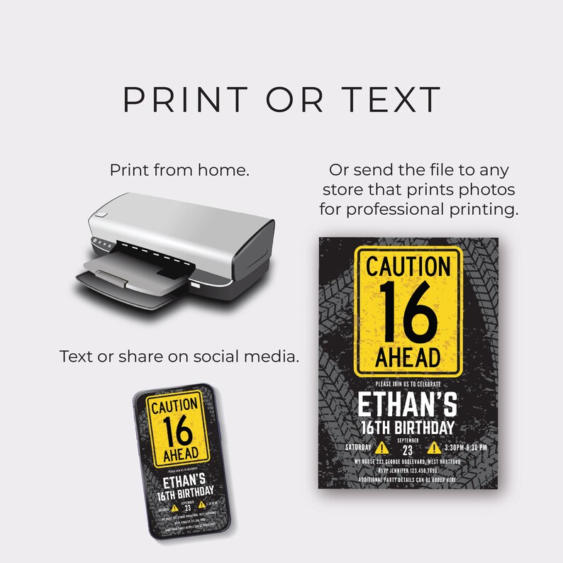 Pu&ograve; includere: Un invito stampabile per una festa di compleanno di 16 anni. L'invito presenta un cartello di avvertimento giallo con il testo "CAUTION 16 AHEAD" e uno sfondo nero con tracce di pneumatici. Il testo "Ethan's 16th Birthday" &egrave; stampato in giallo sotto il cartello.