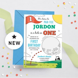 Editable Boy Golf First Birthday Invitation, Boy golf party invite, Golf 1st Birthday invitation, Par-tee, Hole in one birthday, White 109HL
