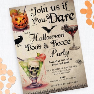 May include: Halloween party invitation with a vintage design. The invitation features a skull and crossbones cocktail, a bat, a spider, and the text "Join us if you dare. Halloween Boos & Booze Party. Saturday Oct 31st From 6:00PM. THE BREWSTER RESIDENCE 73 Old Maple Road North Attleboro RSVP Stephanie 123-456-7890 COSTUMES ENCOURAGED".