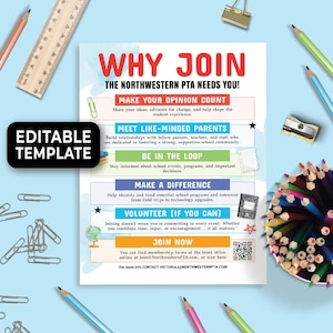 Editable Why Join the PTA Flyer, Reasons to Join the PTO Flyer, pta Sign Up Recruitment Flyer, Parent Teacher Association Flyer  182HL