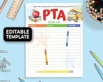 May include: Editable sign-up sheet for the Northwestern Elementary School PTA. The sheet has a red, green, and blue header with the words "NAME", "EMAIL", and "PHONE". There is a red apple, a stack of books, and a yellow school bus in the header. The sheet has a white background with blue lines and two stars.