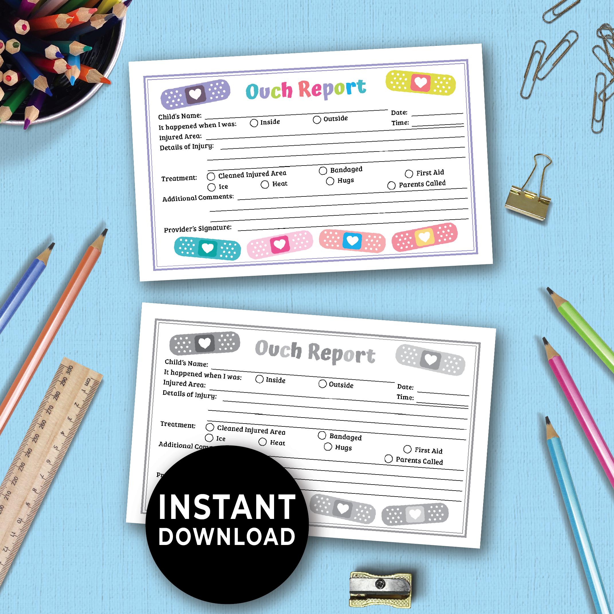 Ouch Report Instant Download Accident Form Injury Report Boo Boo Report ...