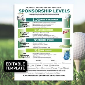Editable Golf Tournament Sponsorship Levels Template, Golf Fundraiser Form, Golf Sponsorship Deck Template, Sponsorship Levels Menu 262HL