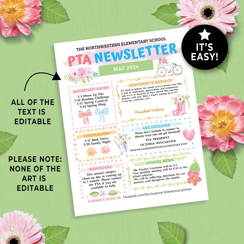 Editable PTO PTA May Newsletter Template, Spring Themed Volunteer ...