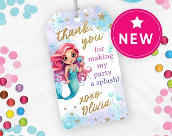 Etiqueta editable de favor de sirena, etiqueta de fiesta de cumpleaños de sirena, etiqueta de agradecimiento de sirena de decoraciones, inmersión del quinto cumpleaños en cinco, Splish Splash 141HL