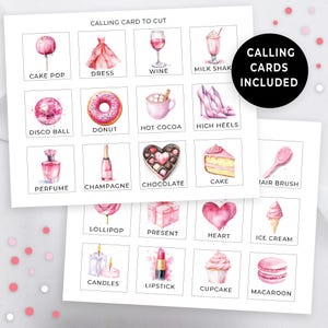 May include: A printable set of 20 pink and white calling cards with illustrations of various items, such as cake pops, dresses, wine glasses, donuts, high heels, perfume bottles, champagne bottles, chocolate, cake, lollipops, presents, hearts, ice cream, candles, lipstick, cupcakes, and macaroons. The text "Calling Cards Included" is in the upper right corner of the image.